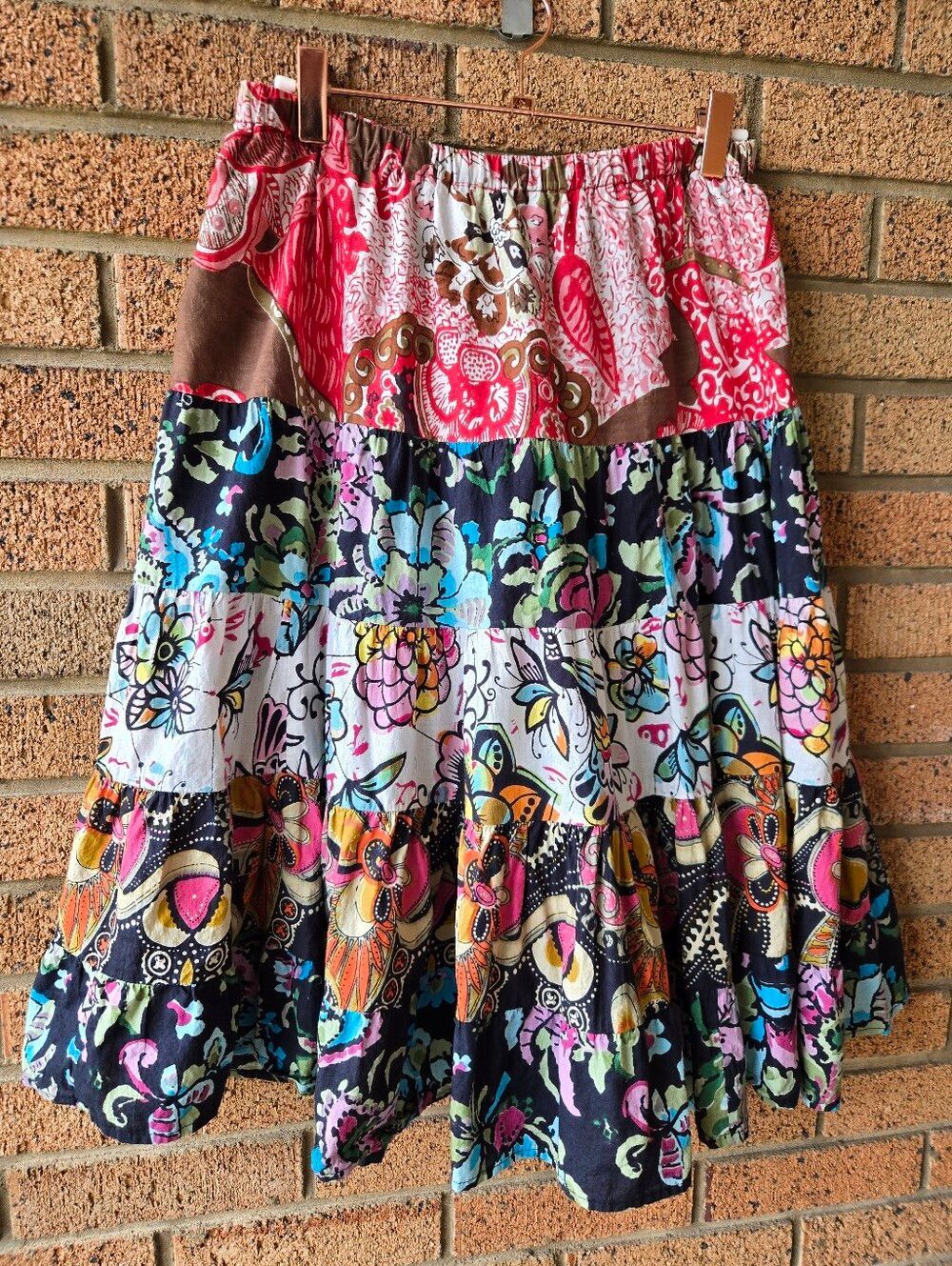 Kommotion NY Boho Patchwork Tiered Floral Cotton Midi Skirt Size S